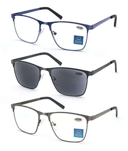 MODFANS Un Pack de 3 Gafas de Lectura Hombres Anti Luz Azul,Rectangular Metal Acero Inoxidable - Lente Clara,Vision Clara - Ligeras Comodas,Colores Negro Gris Azul