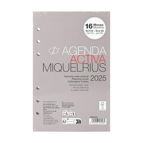 Miquelrius - Recambio Agenda Anual 2025, 16 MESES, Semana Vista Horizontal, Recambio Agenda Anillas, Tamaño Activa 117 x 182 mm, Recambio Agenda 6 Anillas, Español, Portugués e Inglés