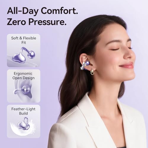 Kinglucky Open-Ear Clip-On Earbuds with Jewelry Bow Earrings, Purple — view 3