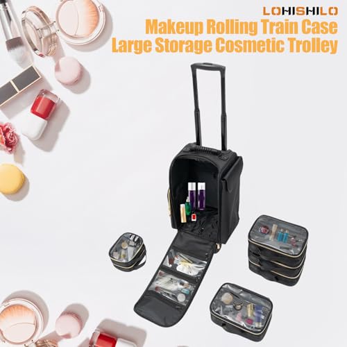 Makeup Rolling Train Case Large Storage Cosmetic Trolley, Professional Cosmetic Organizer Box with WheelsSalon Barber Case Traveling Cart Trunk, Black 11.42 * 9.45 * 18.5in2