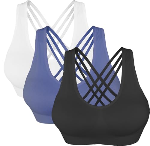 Image of AKAMC Women's Cross Back Sport Bras,Adjustable Straps Padded Criss Cross Cropped Bras for Yoga Workout Fitness
