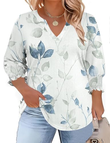 TFSDOD Plus Size Womens Clothing Three Quarter Sleeve Tops 3/4 Sleeve Woman Summer Tops for Women Blouses White Blue Floral 3X