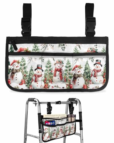 Anzona Christmas Poinsettia Wheelchair Side Bag Walker Bag, Rustic Snowman Xmas Tree Botanical Wheelchair Accessories Armrest Pouch, Organizer Storage Bag for Walkers, Rollators, Scooters, 7.3''x13''