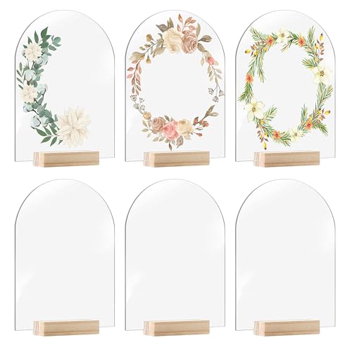 DRERIO 6 Pièces Cartons de Placement Panneaux en Acrylique Transparent avec Support Cartes Vierges arquées Dessus Rond pour Noms d'invités, numéros Table décoration fête Mariage, Evénement