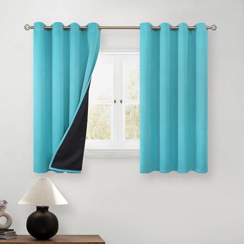 BGment Short 100% Blackout Curtains for Bedroom, Thermal Insulated Energy Efficiency Noise Reducing Grommet Curtains 54 Inch Length with Liner for Small Window 2 Panels Each 52 Inch Wide, Aqua