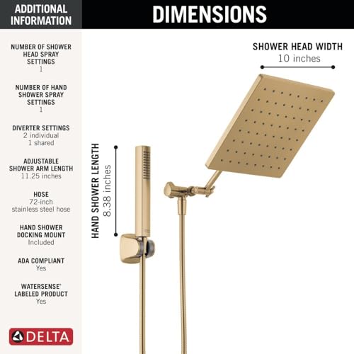 Delta Faucet 10-inch Raincan Shower Head and Hand Held Shower Combo, Gold Square Shower Head, Rainfall Shower Head, Hand Shower, High Pressure Shower, 1.75 GPM Flow Rate, Champagne Bronze 75527-CZ by DELTA - Used condition - Image 5