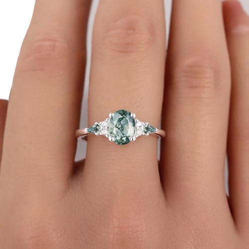 Oval Moss Agate Engagement Ring 14K Solid Gold Vintage-Inspired Unique Cluster Kite-Cut Green Agate & Moissanite Bridal Wedding Set Handcrafted Nature-Themed Jewelry Gift3