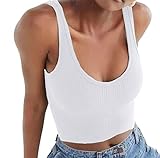 Artfish Women's Sleeveless Shirt Ribbed Fitted Scoop Neck Basic Crop Tank Top Cropped White,XS