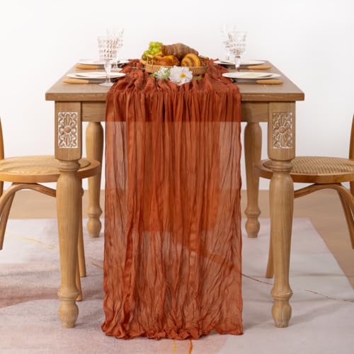 Image of MLMC 3 Pack Terracotta Table Runner 10ft Rustic Burnt Orange Cheesecloth Table Runner 35 x 120 inches Boho Cheese Cloth Centerpiece for Wedding Bridal Shower Pinic Thanksgiving Decor