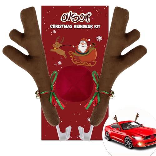 ovsor Car Christmas Reindeer Antlers & Nose Decorations Rudolph Set Reindeer Ornament Costume Auto Accessories for Any Vehicle Decor