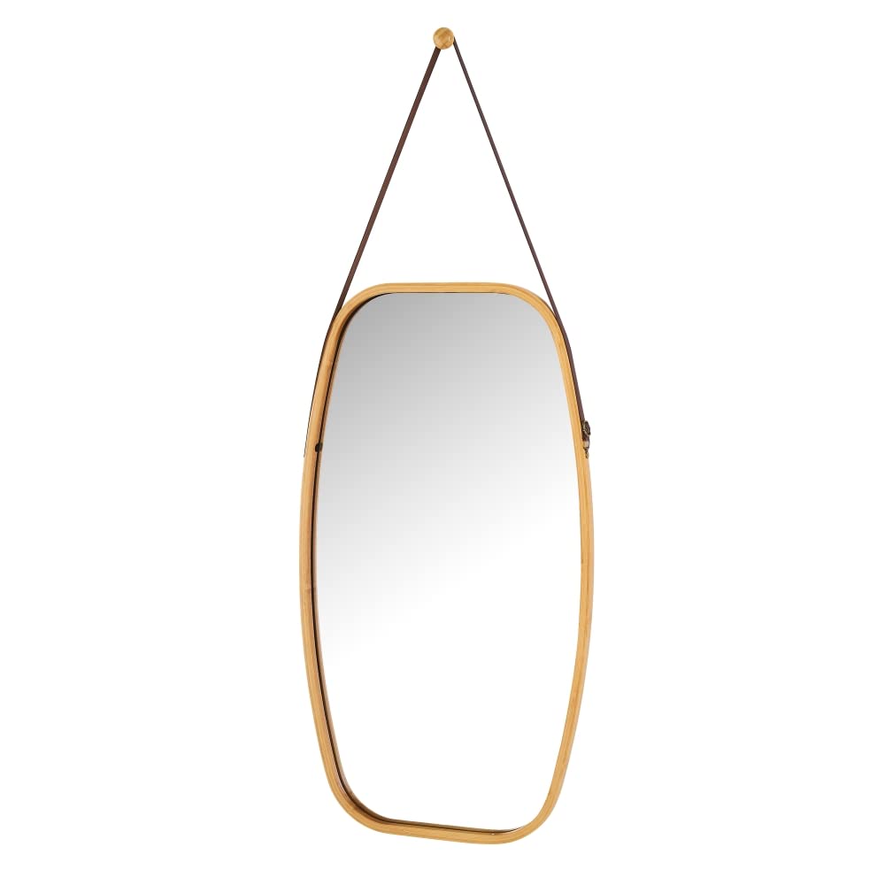 LOLAhome Espejo con Correa Ajustable de Polipiel, Marco de Bambú Natural, Espejo de Pared Redondo/Ovalado, Espejo de Pared para Baño, Comedor, Salón, Entrada (Ovalado 43x77 cm)