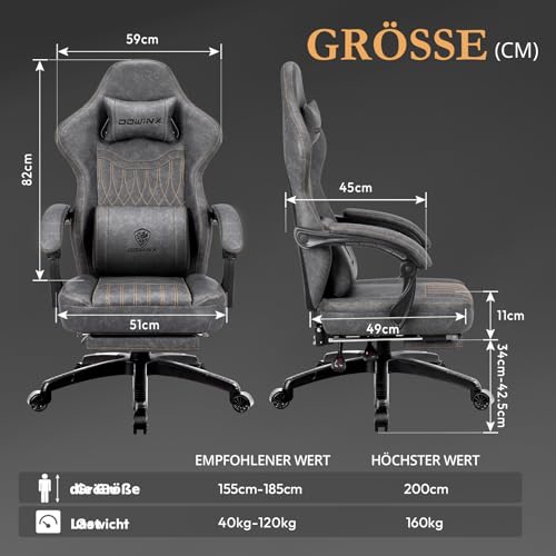 Sedia da gioco con cuscino primaverile, da corsa, con massaggio, ergonomica, con poggiapiedi, in pelle PU, grigio - Sedia gaming - Immagine 2