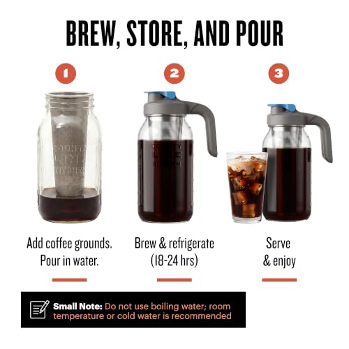 Image of Cold Brew Mason Jar Coffee Maker with Handle by County Line Kitchen - 2 Quart, 64 oz - Durable Glass Jar, Heavy Duty Stainless Steel Filter, Flip Cap Lid With Handle For Easy Pouring | Glass Cold Brew Coffee Maker - Wide Mouth Mason Jar, Stainless Steel Filter & Leak-Proof Lid (64 oz)