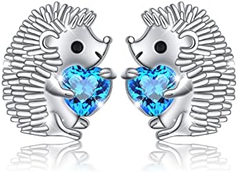 FLYOW 925 Sterling Silver Cute Animal Blue Heart CZ Hedgehog Stud Earrings Set Gift for Women Girls Daugter Birthday Jewelry