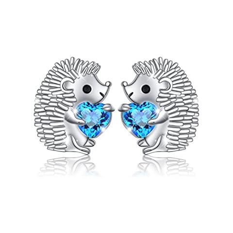 FLYOW 925 Sterling Silver Cute Animal Blue Heart CZ Hedgehog Stud Earrings Set for Women Birthday Jewelry Cover