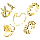 Sikweny 5 Piezas Anillos Acero Inoxidable Mujer, Anillo Oro, Concha de Estrella Mar, Macizo Ajustable, Abierto Ajustable, Joyas Apilables, para Novia Madre, Joyas para Mujer, Alianzas Promesa