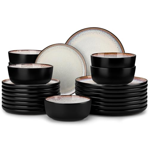 Image of vancasso Plates and Bowls Sets, 24 Pieces Stoneware Dinnerware Sets for 8, Kitchen Dish Set Mircowave and Dishwasher Safe Ceramic Dishware, Light Cream, Series AMBER