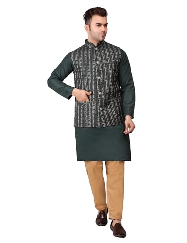 Image of Men's Cotton Silk Blend Regular Kurta Pyjama, Embroidered Nehru Jacket /Waistcoat Set