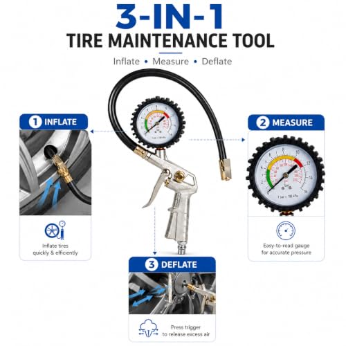 Image of Tyre Inflator with Pressure Gauge, Flexible Air Hose & Clip-On Chuck, Tyre Air Filler Gun for Car, Bike, Motorcycle, SUV & Other Vehicles