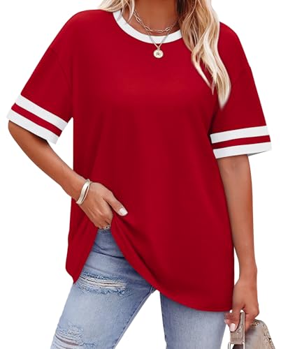 WIHOLL Shirts for Women Oversized Tshirts Crew Neck Summer Tops Striped Short Sleeve Tee Simple Plain T Shirts Clothes fit Office Plus Size Spring Clothes for Women 2026 Deep Red M
