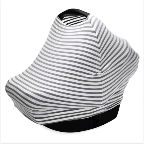 Image of Parker Baby 4 in 1 Car Seat Cover for Girls and Boys - Stretchy Carseat Canopy, Nursing Cover, Grocery Cart Cover, High Chair Cover - Gray/White Stripes