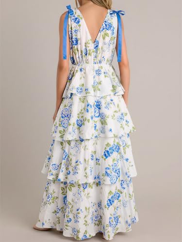 Image of Wenrine Womens Summer Floral Maxi Dress Tie Strap Sleeveless V Neck High Slit Boho Ruffle Tiered Beach Dresses