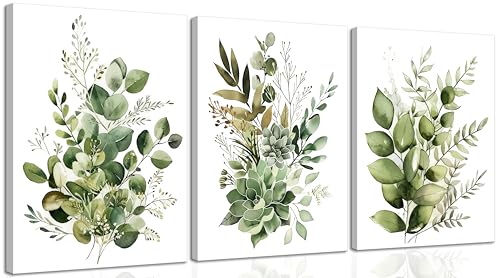 3pcs Eucalyptus Leaf Sage Green Canvas Wall Art Modern Watercolor Botanical Wall Decor Minimalist Boho Eucalyptus Flower Poster Print Artwork for Bathroom Living Bedroom Kitchen Home Decoration