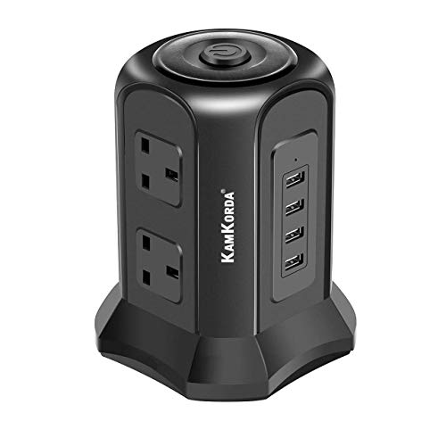 Extension Lead Tower with USB Slots | 6 Plug Sockets & 4 USB Ports Power Tower | Tower Extension Lead with 2M Cable & Switches for Home/Office Charging (Black)