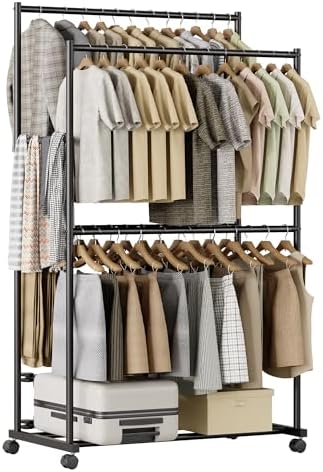 Tujurich Schwerlast Kleiderständer - 92×54×183 cm, 4-Stangen Doppelstange Kleiderstange auf Rollen, Metall Kleiderständer für Schlafzimmer, Wohnzimmer, Waschraum, Schwarz