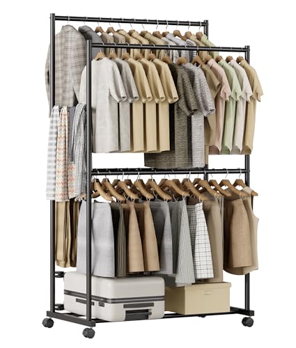 Tujurich Schwerlast Kleiderständer - 92×54×183 cm, 4-Stangen Doppelstange Kleiderstange auf Rollen, Metall Kleiderständer für Schlafzimmer, Wohnzimmer, Waschraum, Schwarz