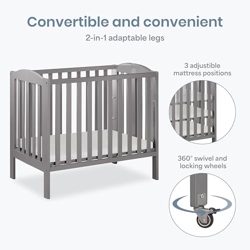 Dream On Me 3 in 1 Portable Folding Stationary Side Crib in Steel Grey, Greenguard Gold Certified, Safety Wheels with Locking Casters, Convertible, 3 Mattress Heights - image 6