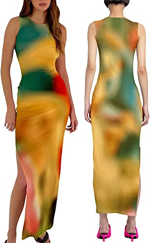 Image of Suillty Women Y2k Tie Dye Tank Dress Sleeveless Bodycon Long Dresses Printed Slim Fit Summer Maxi Dress Sundress