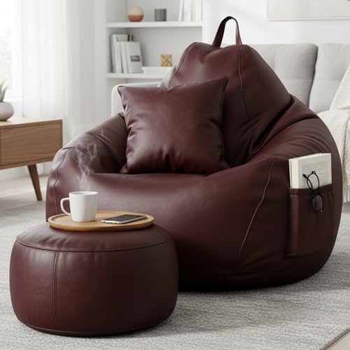 Image of KAM'S LIEU Bean Bag Chair with Footrest & Cushion | Pre-Filled Beans | PVC Leatherette Lounger Sofa | Indoor & Outdoor Bean Bag | 6 Months Warranty Size & Color- (Maroon, XXXXXL, Premium)