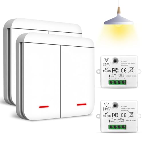 Ghekkli 433Mhz Interrupteur D'éclairage Sans Fil, Interrupteur Va et Vient Sans Fil avec Récepteur- 2200W/10A (Kit 2pièce 2 in 1 interrupteurs + 2 récepteurs), Commutateur Mural Intelligent sansFil