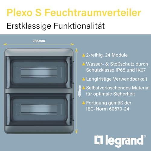 LEGRAND, Plexo S Feuchtraumverteiler, Aufputzverteiler, Schutzart: IP65-IK07, 2-reihig, 24 Module, Maße: 350 x 285 x 106 (H x B x T in mm) mit Neutralleiter- und Schutzleiter-Klemmenleiste, 601894