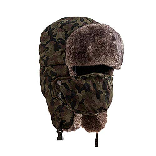 Lainin Winter Outdoor Trapper Hat, Russian Ushanka Trooper Aviator Ski Hat Earflap with Mask for Men & Women - Green Camouflage