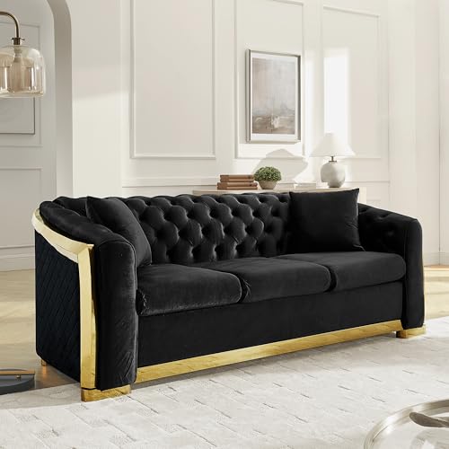 Image of KEIKI 84 inch Luxury Oversized Velvet Chesterfield Sofa with 2 Pillow & Gold Stainless Decoration, Italian Modern Style 3-Seater Button Tufted Couch with Rolled Arms, Easy Assembly, for Living Room, Black