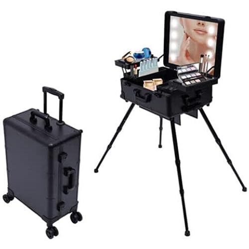 Rolling Cosmetic Organizer w/locks, 22" Makeup Train Case with Mirror & LED Lamp, Professional Rolling Makeup Train Case Cosmetic Trolley Makeup Storage Organizer Cosmetic Organizer Box -Black