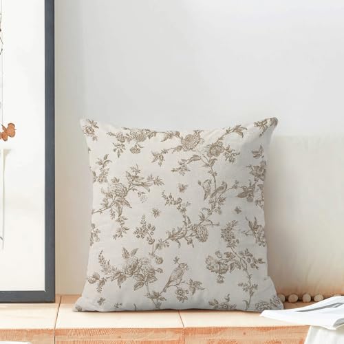 Sorktse Brown Pillow Covers 18x18 Set of 2 Beige Brown Bird Floral Chinoiserie Throw Pillows Vintage Toile Spring Summer Floral Pillowcases Linen Outdoor Decor Cushion Cover for Sofa Couch — view 4