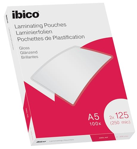Ibico Láminas para Plastificar Tamaño A5, Acabado Brillante, 250 Micras, Pack de 100, Transparentes, 627315