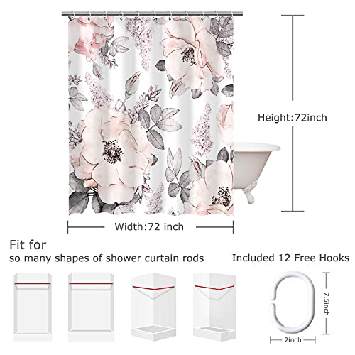Livilan Pink Gray Flower Shower Curtain, Watercolor Floral Shower Curtains With Hooks White Grey Fabric Blossom Bathroom Decor Machine Washable, 72" W X 72" H #TOP3