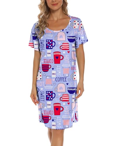 Image of ENJOYNIGHT Womens Cotton Nightgown Short Sleeve Sleepshirt Print Nightshirt | Short-Sleeve Crew Neck, Soft Cotton Fabric, Cartoon Printed Sleep Shirt, Loose Fit