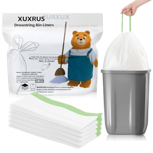 XUXRUS Sacs Poubelle 35L à Lien Coulissant – Sac Poubelle, 63x71cm, Blancs – Sacs à Ordures Résistant, Anti-Déchirure et Antifuite – Fermeture Facile pour Cuisine et Bureau（20 Pièces）