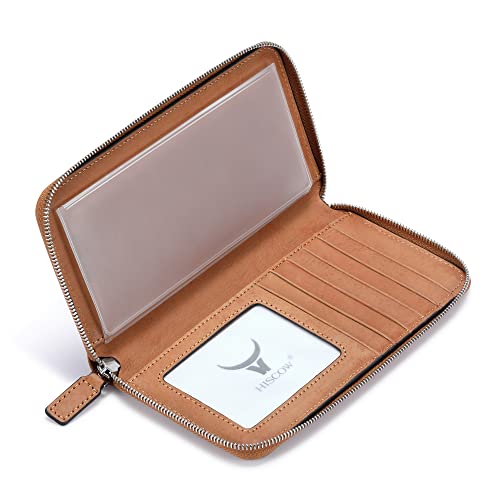 Image of HISCOW Leather Checkbook Cover, Zippered Wallet, Aniline Leather Tan | Full grain cowhide, 5cc & ID window, personal check book & register pockets, removable duplicate divider, women secure zipper