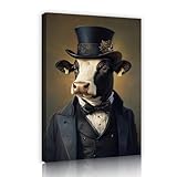 ビクトリア朝のヴィンテージスタイルキャンバスウォールアートスーツの擬人化された動物牛の壁画プリントホームリビングルームバスルーム装飾50x70cmインナーフレーム