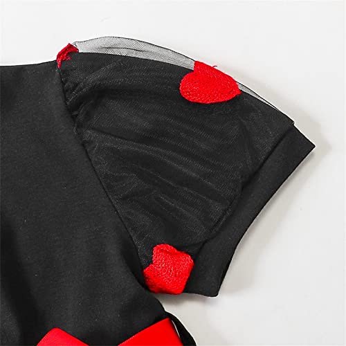 Toddler Girl Summer Round Neck Short Sleeve Black Background Red Heart Print Dress Princess Dress (Black, 4-5 Years)3