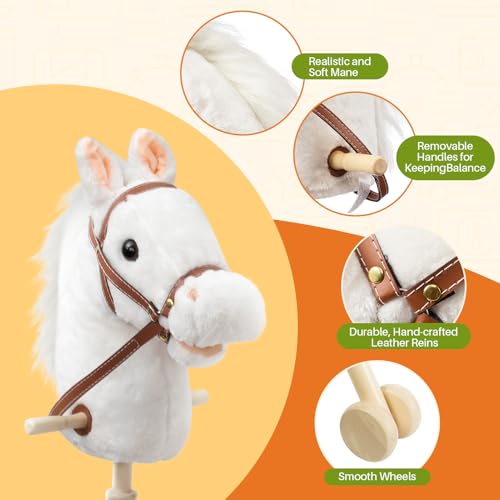 HollyHOME Stick Horse Plush Handcrafted Hobby Horse on a Stick with Wood Wheels Real Pony Neighing and Galloping Sounds for Kids Toddlers White 36 Inches(AA Batteries Required) by HollyHOME - Image 6