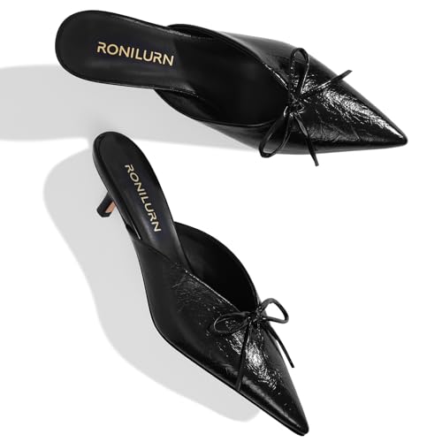 Image of Kitten Heels for Women Heeled Mules Stiletto Pumps Bow Closed Toe Pointed Toe Low Heel Slip on Fashion Metallic Backless Prom Party Dressy