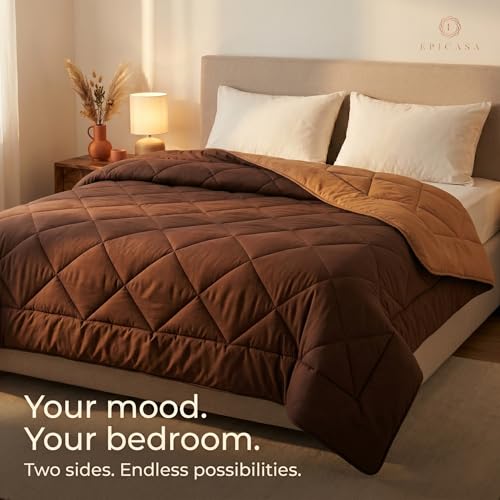 Image of Epicasa Reversible Comforter | 200 GSM Thermal Bonded Fill | 110 GSM Micro Peach Fabric | All Season AC Quilt | Diamond Quilted | Lightweight Duvet Blanket for Home Bedroom | Brown & Caramel