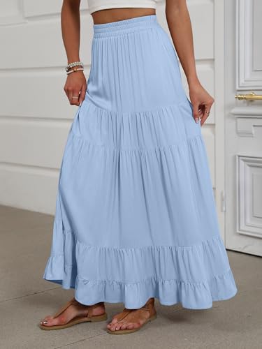 Image of ANRABESS Womens Maxi Skirt Elastic High Waist Swing Tiered A-line Flowy Pleated Boho Beach Vacation Long Skirts